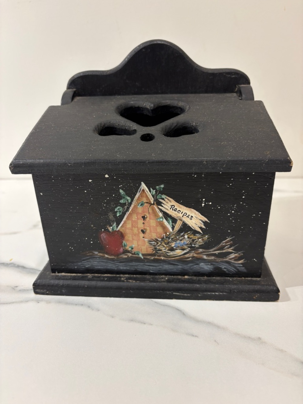 Recipe Box Toleware Hand Painted Vintage Black Birdhouse Eclectic Cottagecore